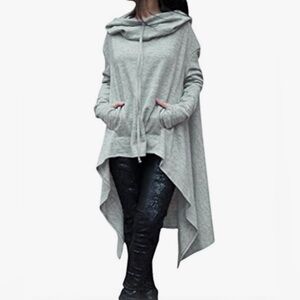 Light Gray Asymmetric Hooded Tunic Sweater for Women